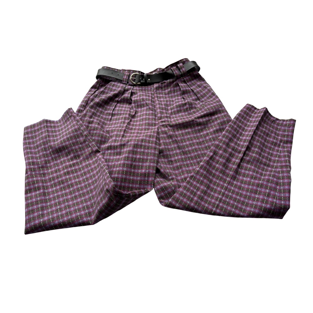 American Weekend Vintage Purple Plaid Pleated Trousers High Rise Size 16 USA
